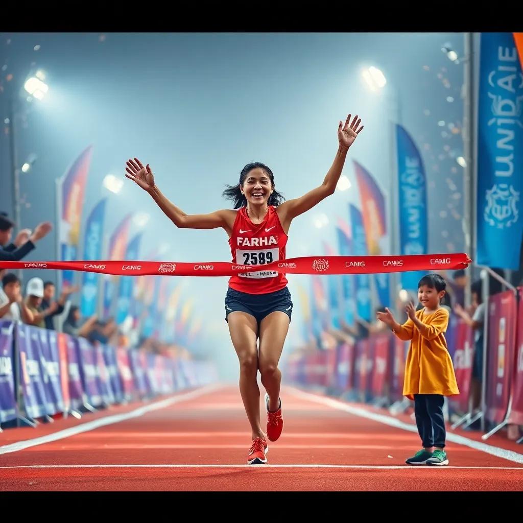 The thrilling moment when Farha crosses the finish line, winning the race, child cheering joyfully beside her, atmosphere filled with celebration, bright lighting, rich colors, high quality
