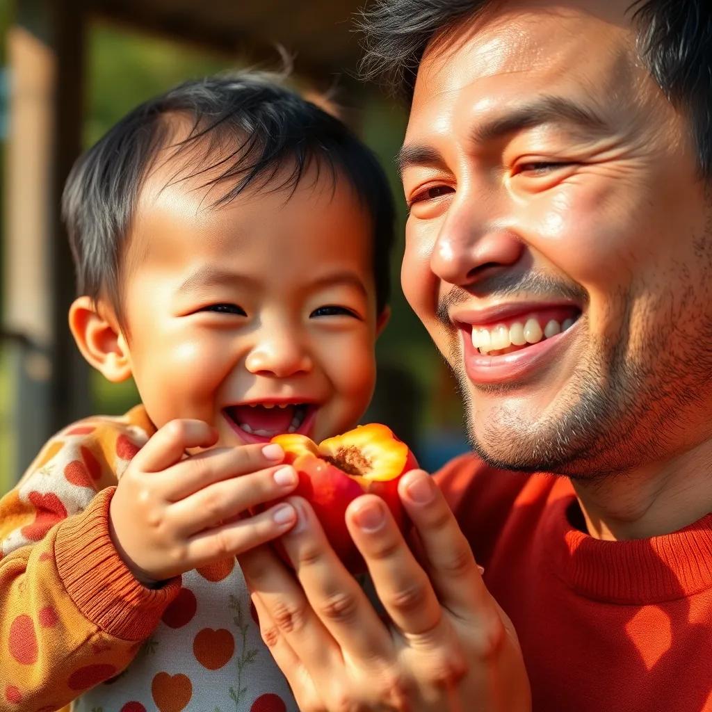 Farha eating the peach happily, child beaming with joy, father smiling proudly, warm afternoon light, heartwarming scene, colorful, friendly atmosphere, high quality
