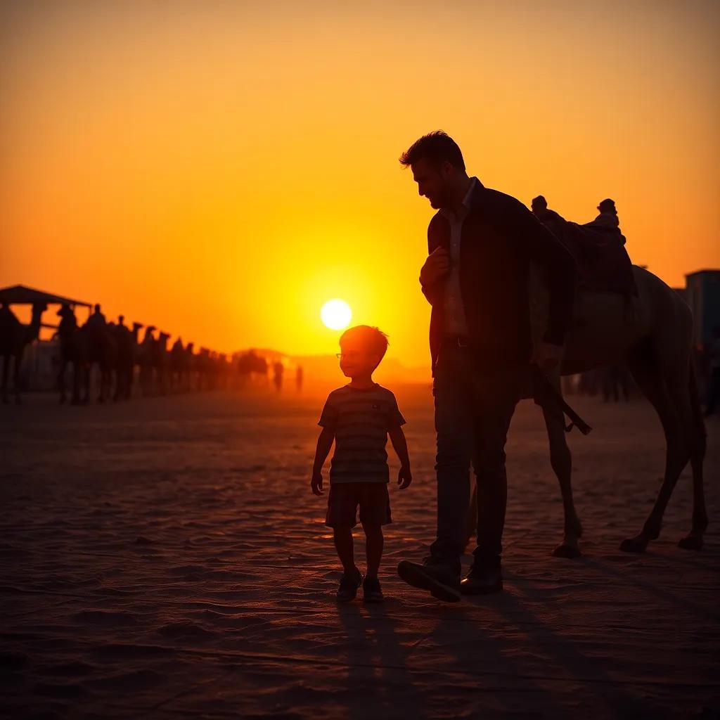 A sunset at the camel race track, a young child and father walking away, satisfied after the exciting day, silhouettes against the glowing sky, peaceful, nostalgic imagery, high quality