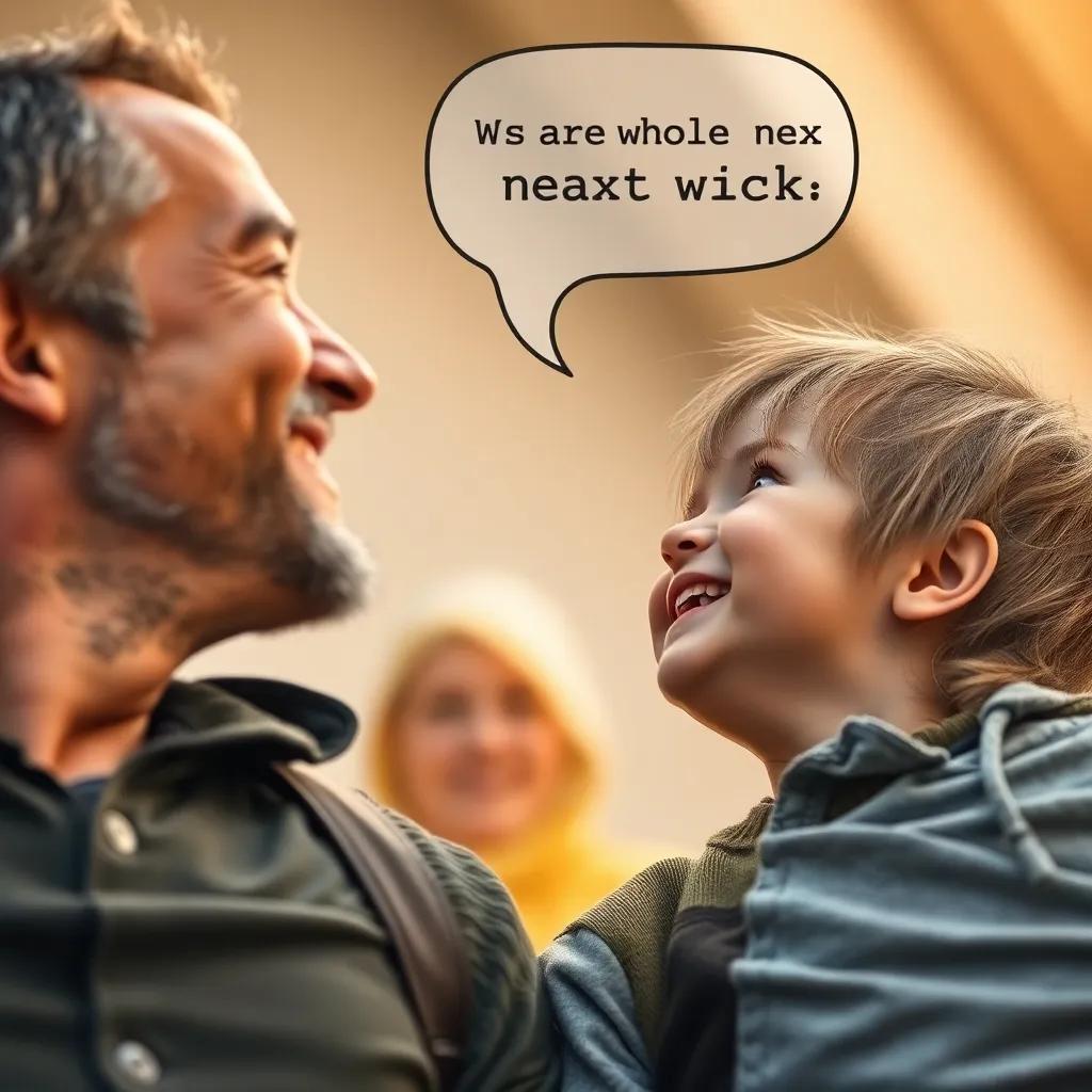 Child looking up at father with excitement, asking about coming back next week, both smiling, a sense of adventure in the air, familial bonds and happiness, soft lighting, high quality