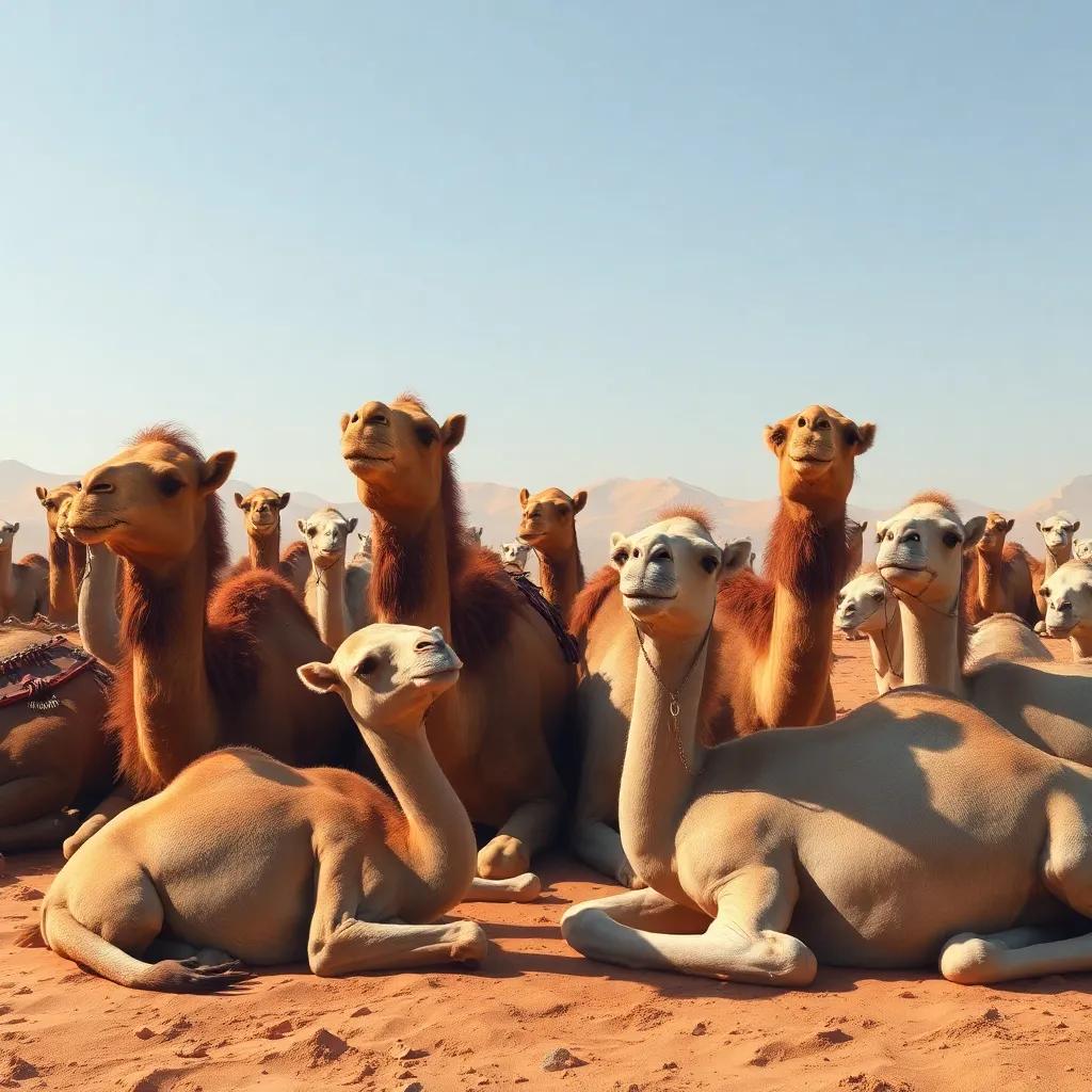 The calm after the race, a sense of accomplishment, various camels resting, playful camaraderie among them, warm and inviting, wholesome vibe, digital illustration, high quality