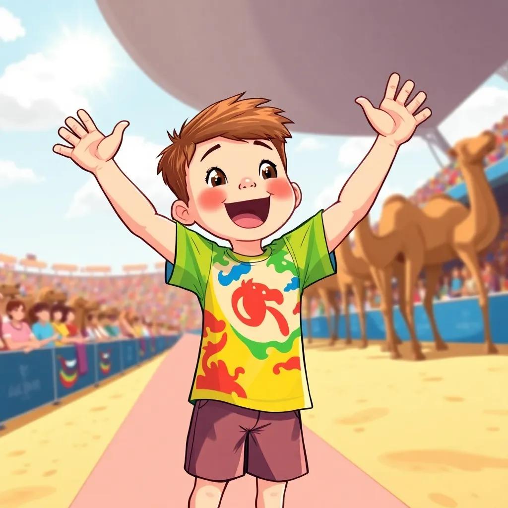 A young boy, excited, wearing a colorful t-shirt and shorts, cheering at a camel racetrack with a bright sunny sky, crowd in the background, digital art, vibrant colors, enthusiastic atmosphere, high quality