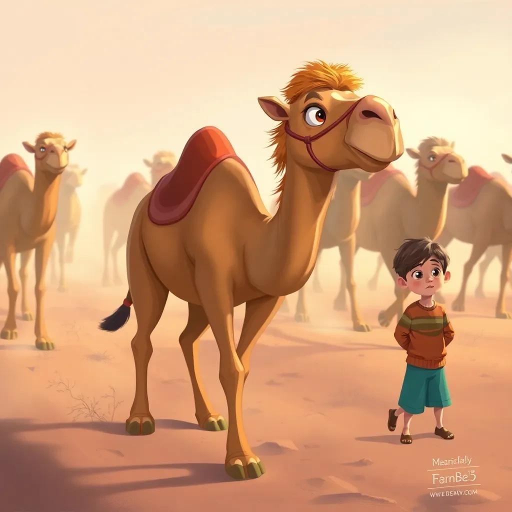 A camel, Farha, stands still in the middle of the race, looking puzzled, with other camels charging past her, the young boy watching anxiously, digital painting, expressive, warm light, high quality