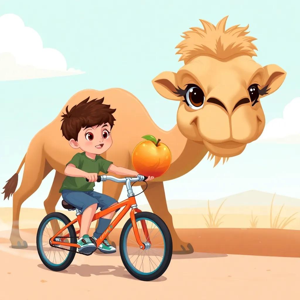 A young boy riding his bike towards a brown camel, holding a peach with determination, the camel's eyes wide with interest, bright sunny day, digital art, action-oriented, warm colors, high quality