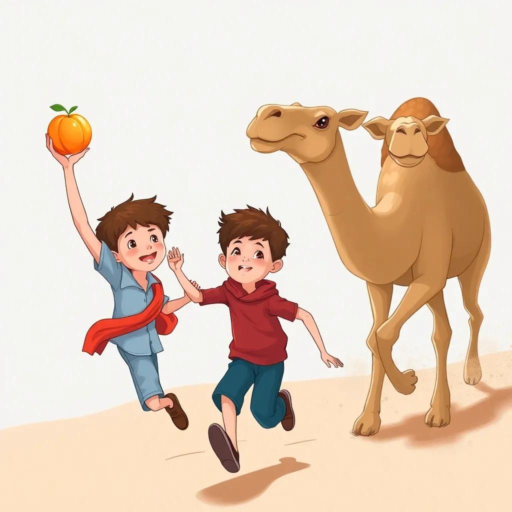 A young boy, hand in the air calling out, holding a peach while a camel, Farha, starts to run again, dynamic pose, illustration, colorful, energetic scene, high quality
