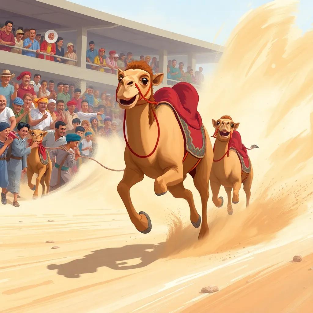 An intense scene of Farha running fast, overtaking other camels in the race, dust flying in the air, the crowd cheering with excitement, digital painting, high-energy, vibrant colors, high quality