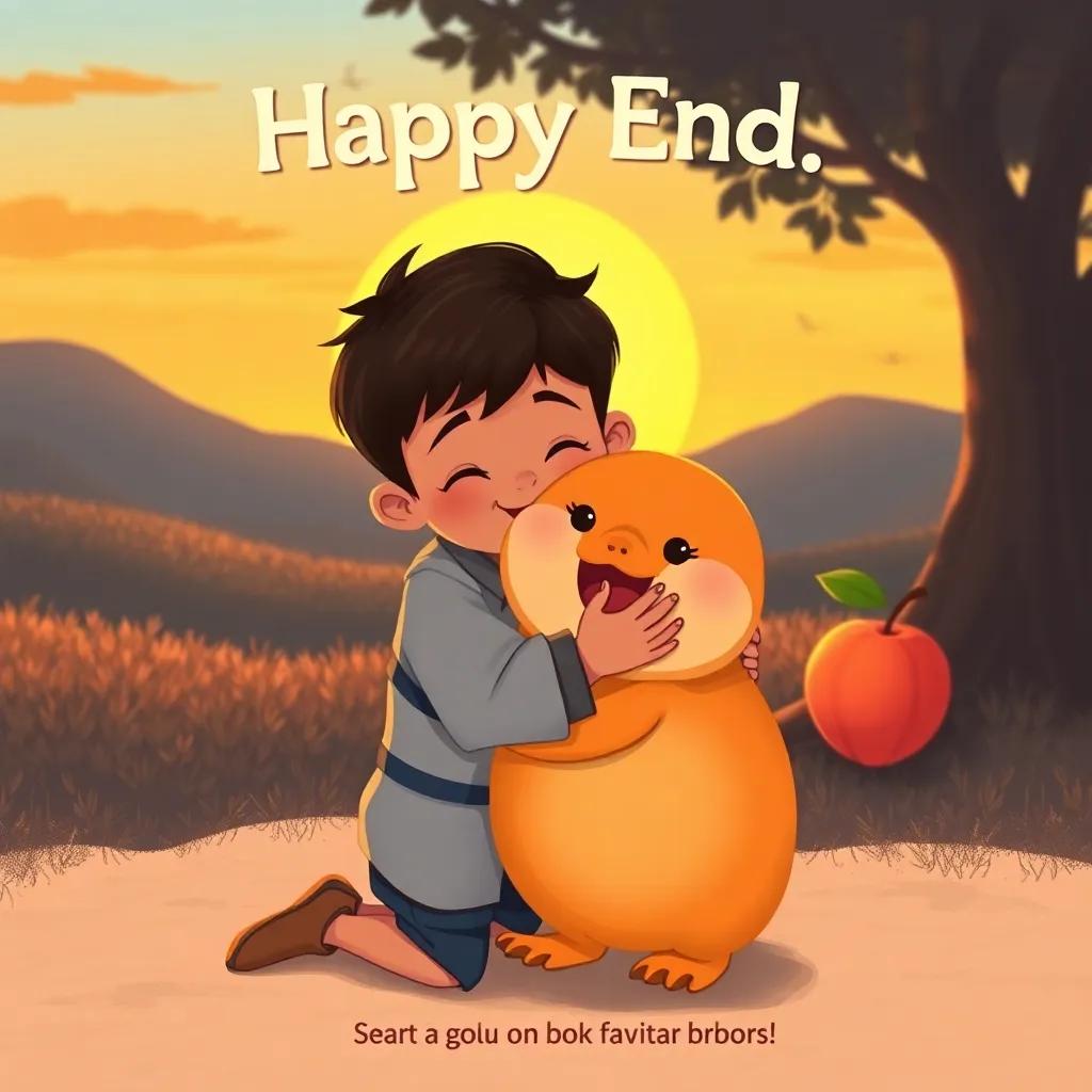 A happy ending scene with the boy hugging Farha, who is munching on a peach, the sunset in the background, a warm and joyful atmosphere, digital art, heartwarming, rich colors, high quality