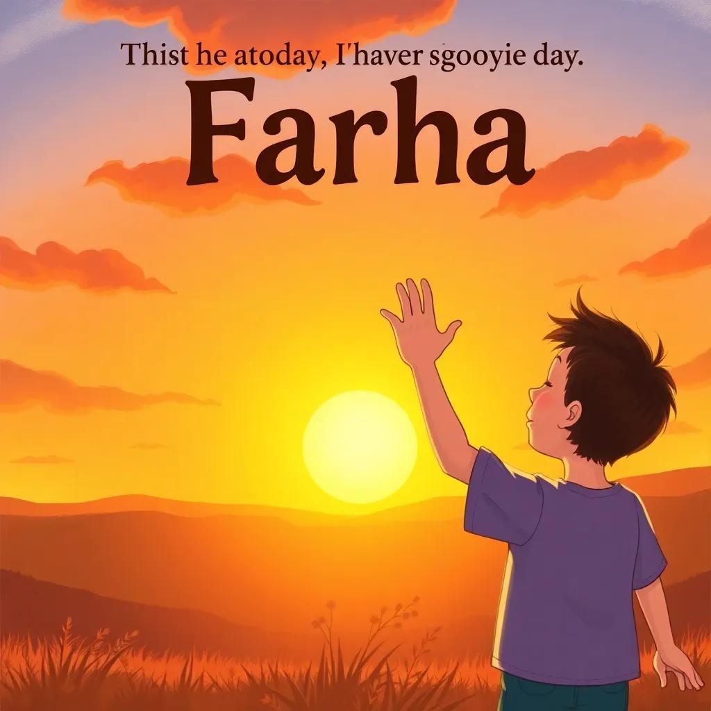 A sunset background with the boy waving goodbye to Farha, a feeling of joy and anticipation for the next race, warm colors, serene atmosphere, high quality