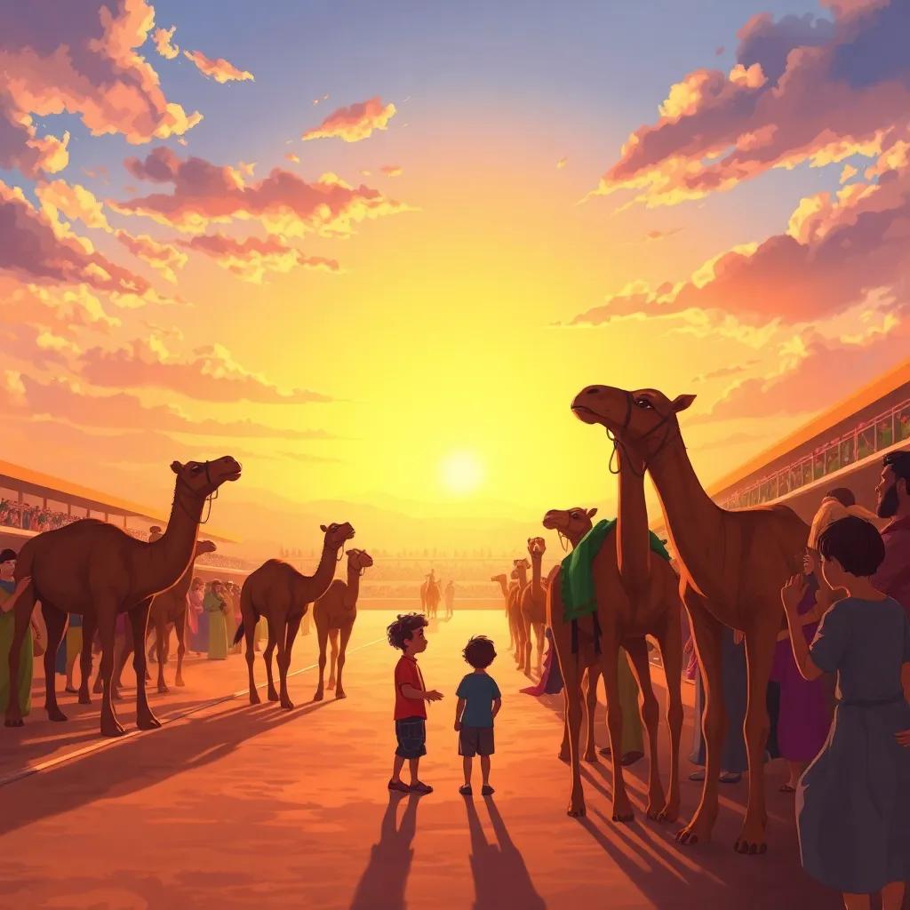 A beautiful scene of the racetrack at sunset, with camels, a young boy, and the cheering crowd still visible, warm and inviting, digital painting, storytelling view, high quality