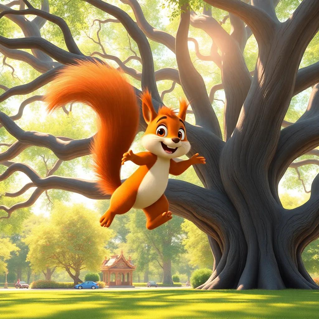 A quick and spry squirrel, Charlie, with a fluffy tail and bright eyes, leaping through the branches of a big oak tree in a sunlit park, vibrant colors, joyful atmosphere, high quality