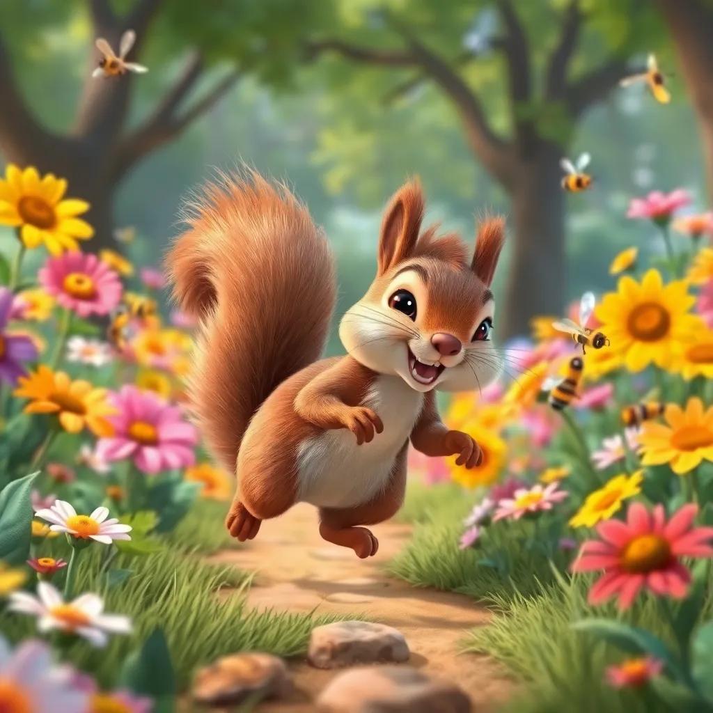 Charlie the squirrel, following a sweet smell, zipping through a colorful park filled with flowers and buzzing bees, detailed digital art, cheerful scene, bright colors, engaging perspective, high quality