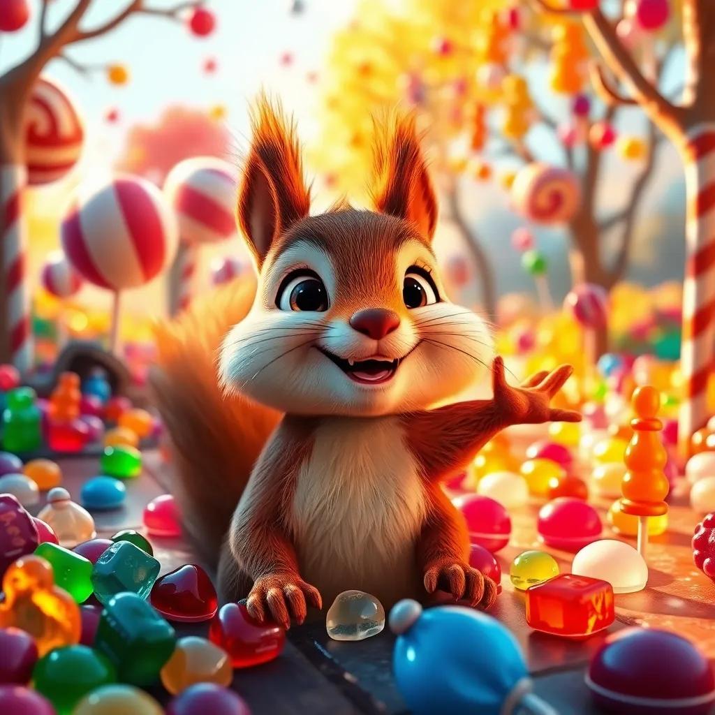 A colorful candy land with gummy bears, chocolate rivers, and lollipop trees, Charlie the squirrel's wide-eyed joy captured in golden sunlight, vivid colors, fantasy, delightful and inviting scene, high quality