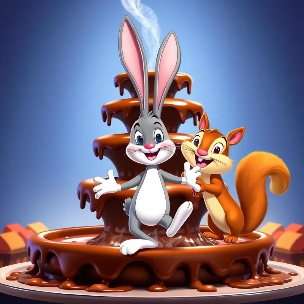 Benny the bunny with big ears and a fluffy tail, jumping around a chocolate fountain, Charlie the squirrel beside him with a big smile, fun cartoonish style, bright colors, dynamic lighting, high quality