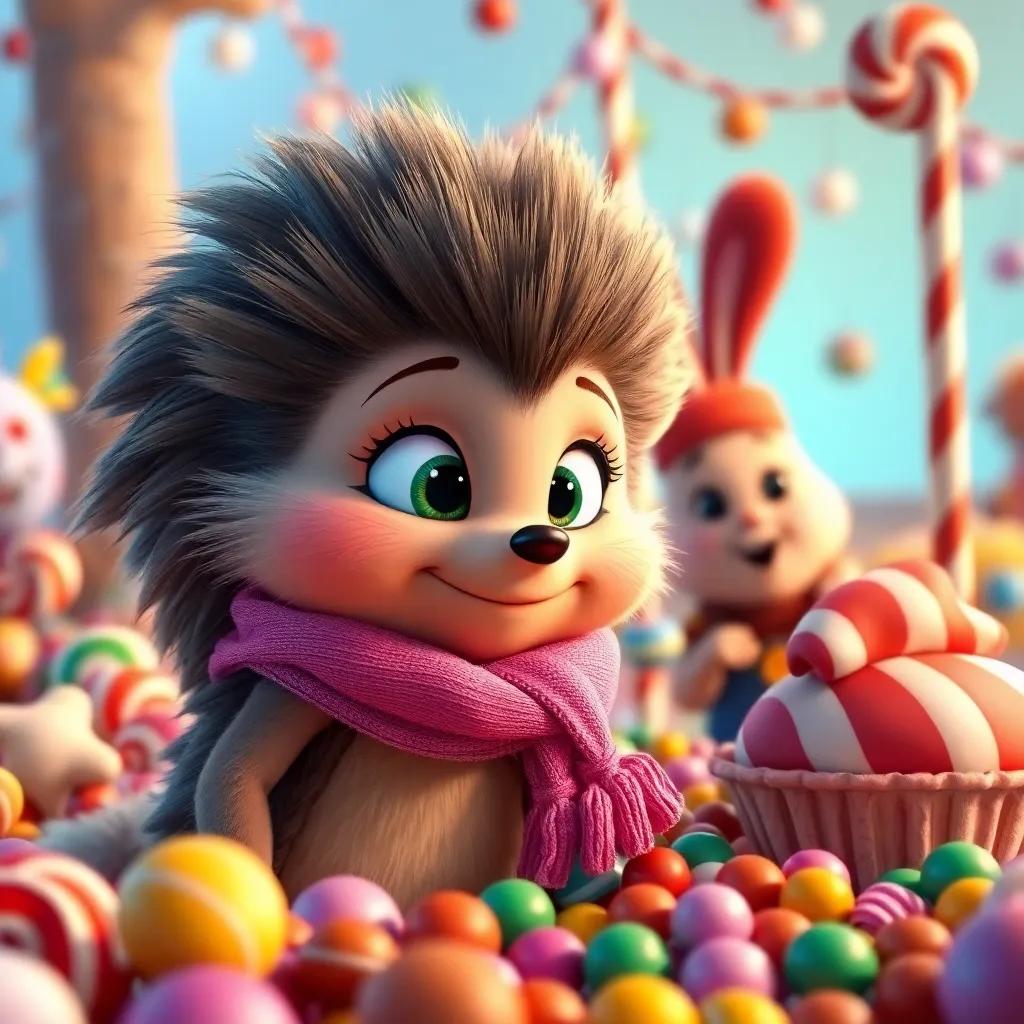 Julia the hedgehog with a cute pink scarf, looking curious while Charlie and Benny invite her to join their candy feast, colorful candy landscape around them, cheerful atmosphere, detailed and engaging, high quality