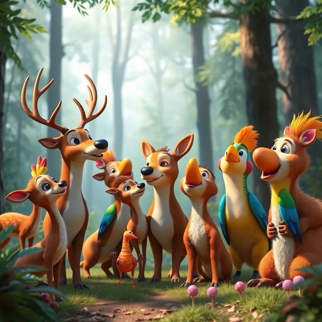 A group of forest animals including deer and colorful birds, watching Charlie and his friends excitedly, feeling hungry for candy, creative cartoon style, warm colors, lively interaction, high quality