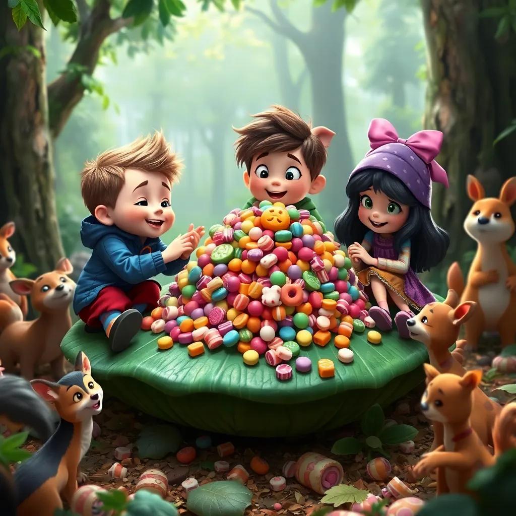 Charlie, Benny, and Julia, sharing their mega pile of sweets on a big leaf, surrounded by happy forest animals, vibrant and playful scene, rich colors, heartwarming moments, high quality