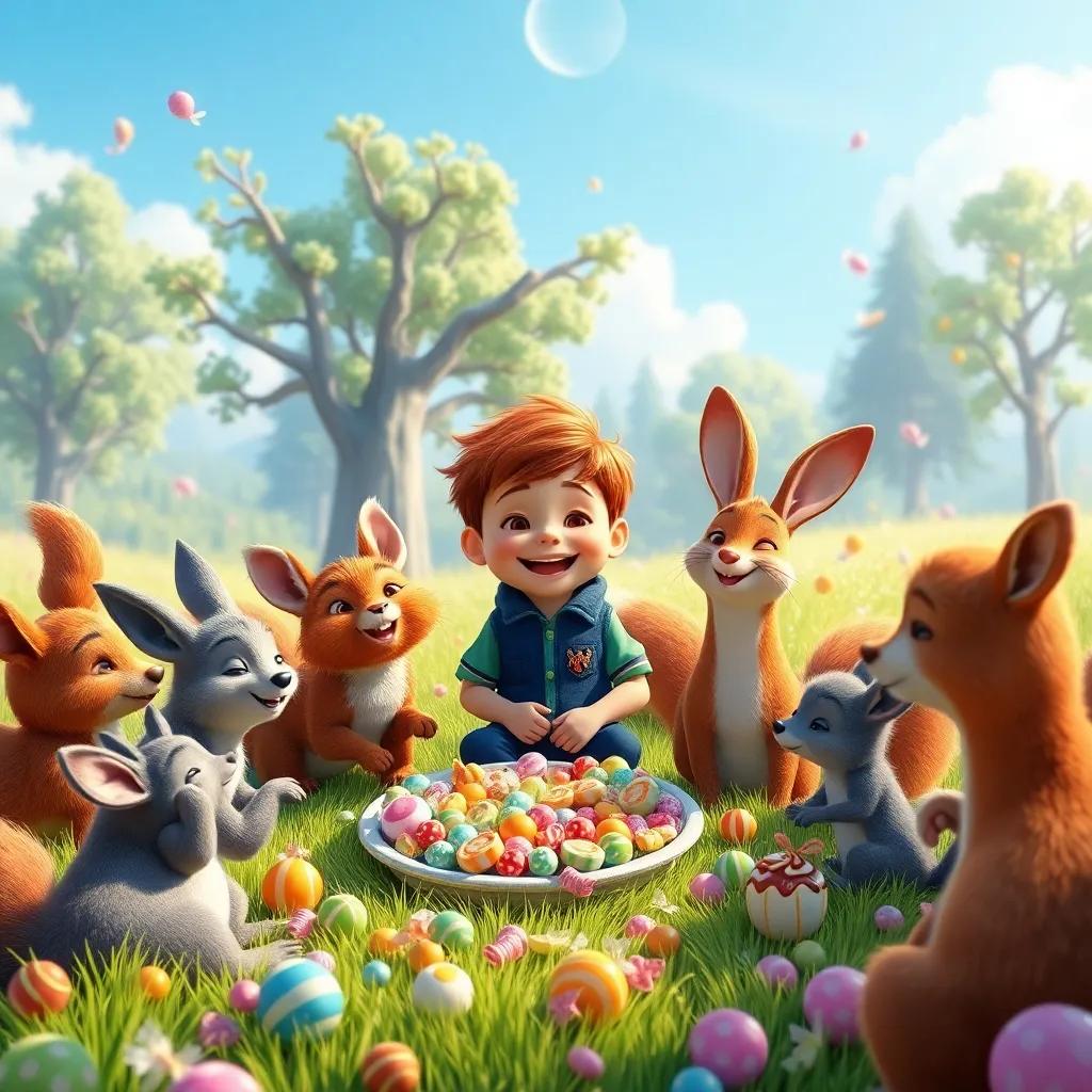 Charlie and all the forest animals enjoying a candy feast together, laughing and playing in the sunny meadow, filled with colorful treats and delicious sweets, joyous atmosphere, enchanting view, high quality