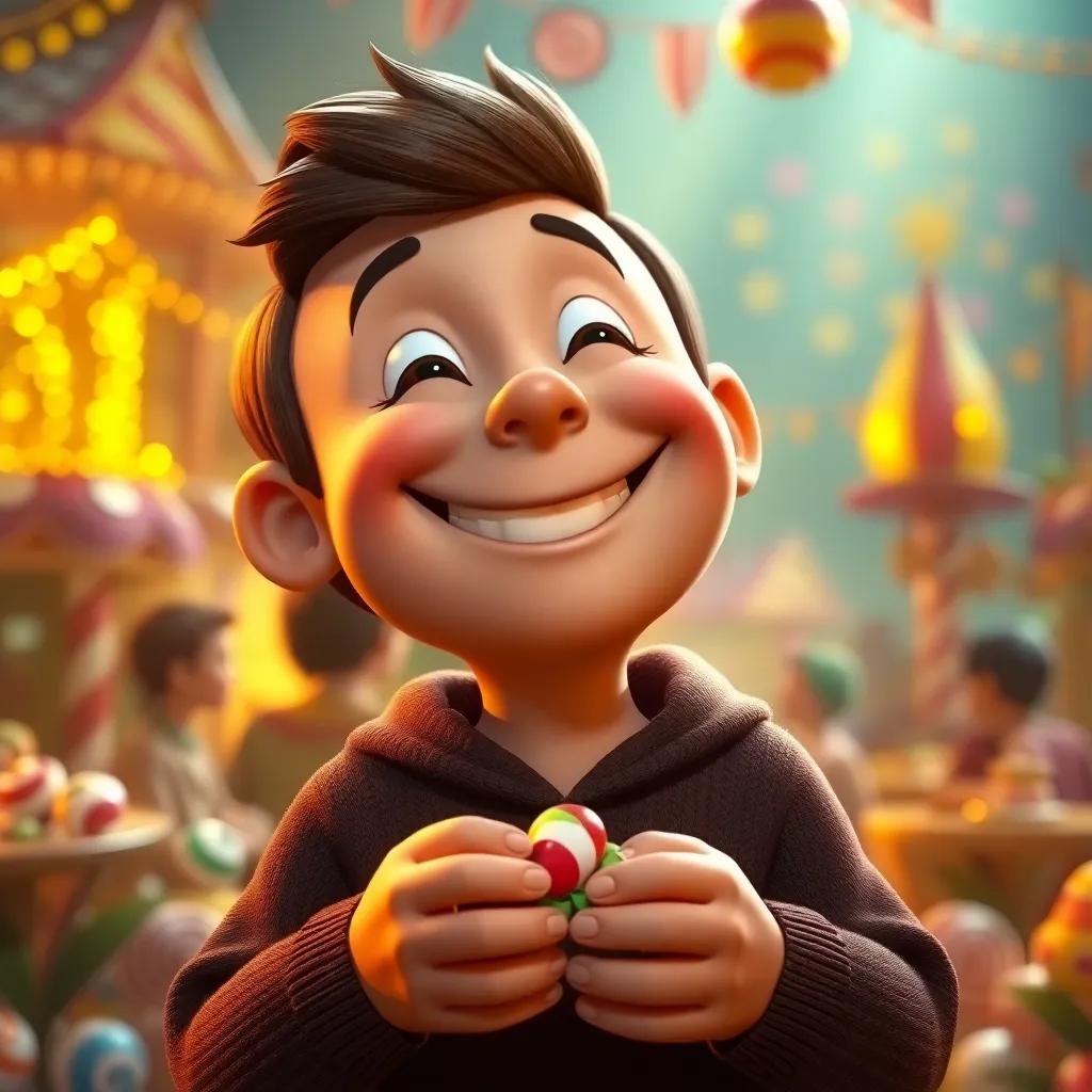 Charlie smiling, heart full of happiness, as he shares candy with friends, background of candy land shimmering in golden light, uplifting scene, soft lighting, rich colors, high quality