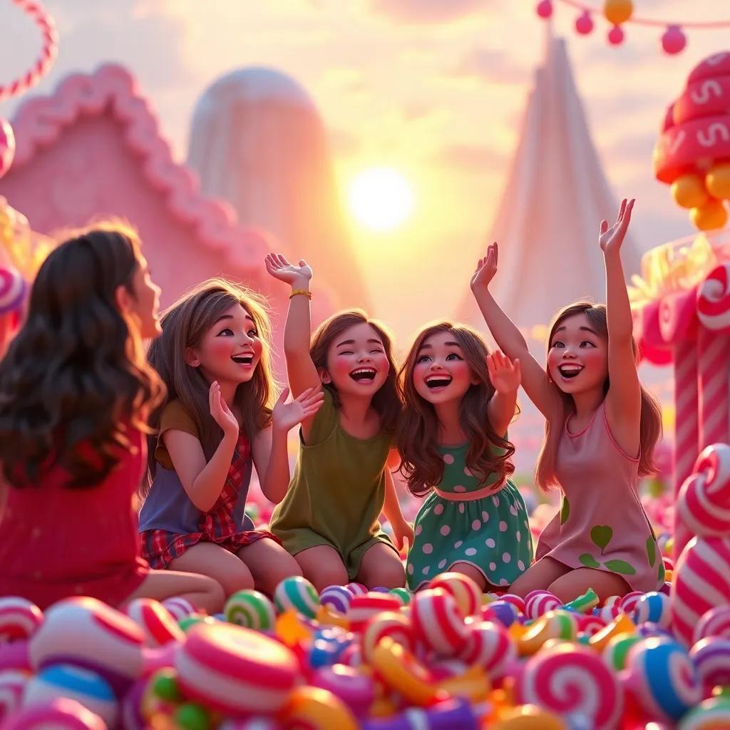 Friends cheering for more candy adventures together, setting sun casting beautiful light over the candy land, joyful laughter echoing, delightful scene, magical atmosphere, high quality