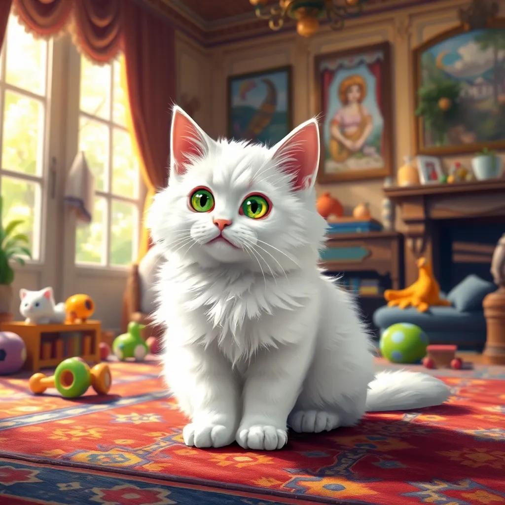A fluffy white cat named Max with big green eyes sitting on a colorful rug, looking curious, in a cozy living room filled with toys and sunlight, digital art, warm colors, inviting atmosphere, high quality
