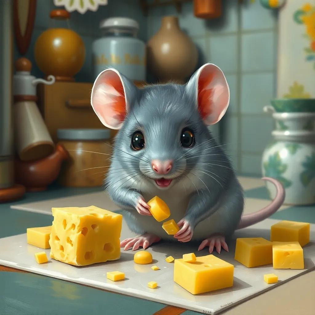 A little gray mouse named Mimi with a shiny coat, nibbling cheese on the kitchen floor, with a playful glint in her eyes, surrounded by kitchen items, cheerful, vibrant scene, high quality