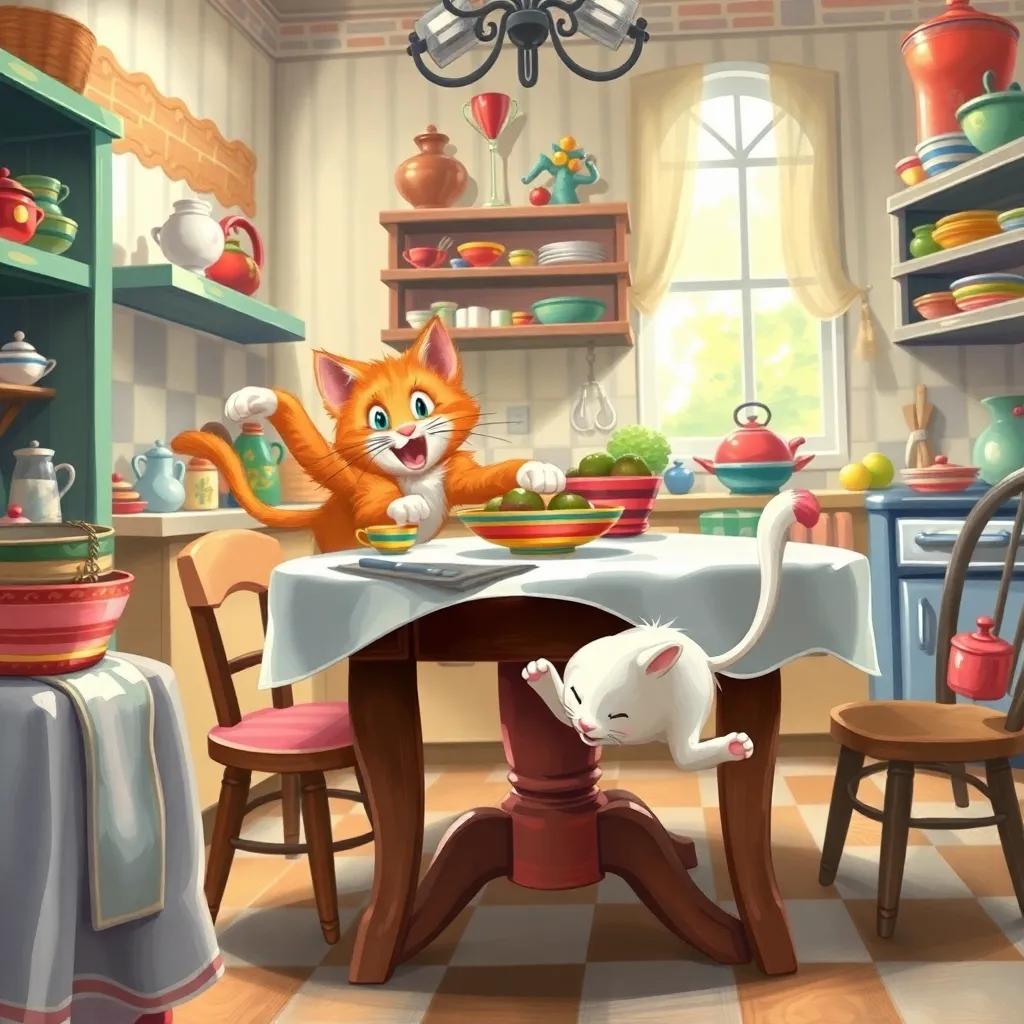Max the cat leaping around a table chasing Mimi with excitement, the kitchen filled with colorful dishes, capturing the playful chase and fun, illustration, lively atmosphere, bright and cheerful, high quality