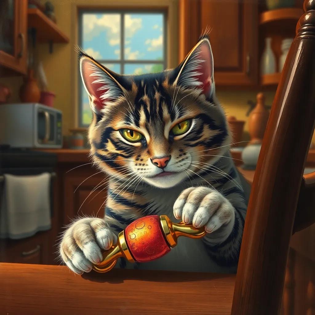 Max the cat planning his trap with a shiny toy, hiding behind a chair, looking mischievous and clever, kitchen setting with warm light, playful ambience, detailed, high quality