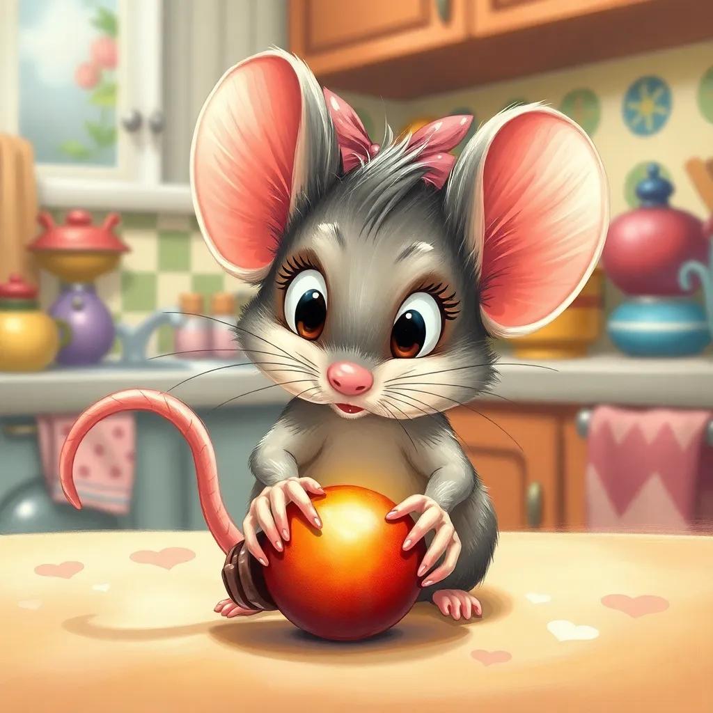 Mimi the mouse discovering the shiny toy, eyes wide with excitement, bright kitchen background with colorful details, whimsical and cheerful, illustration, high quality