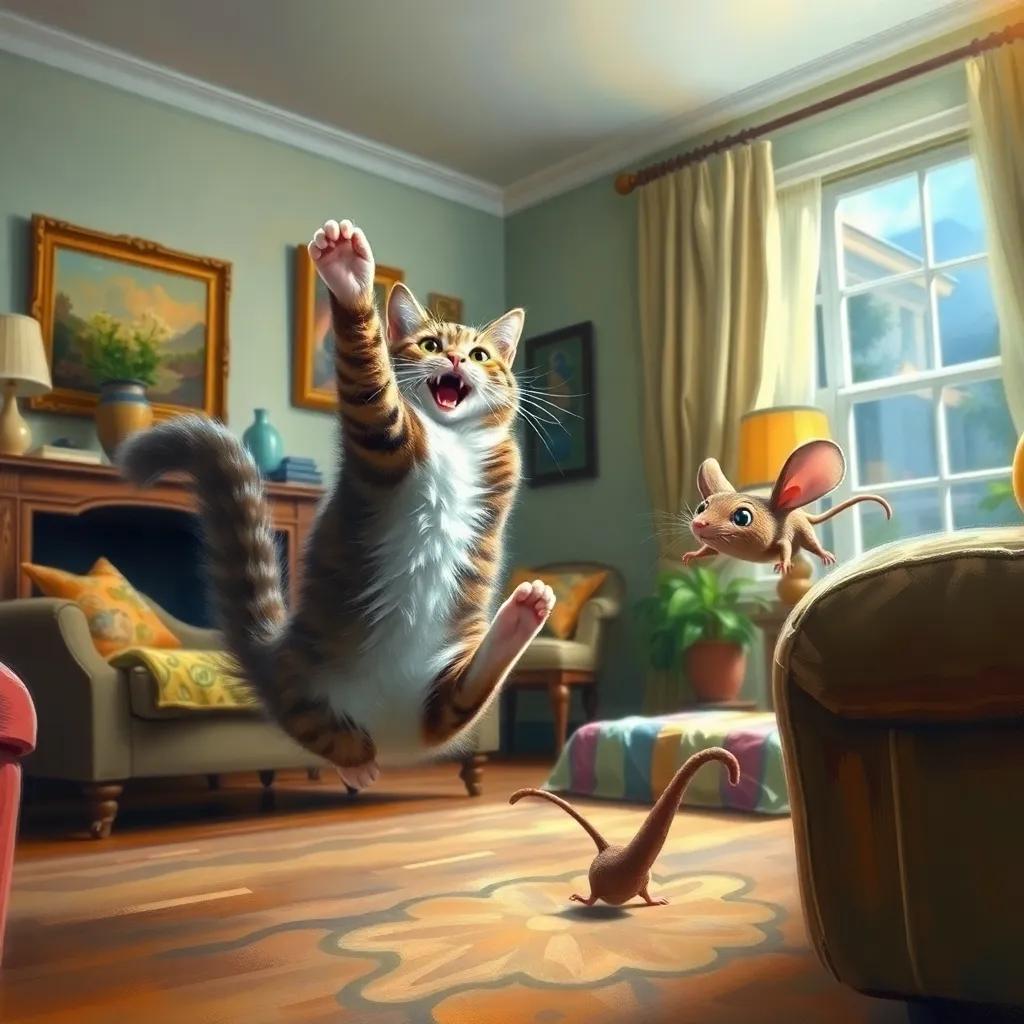 Max the cat jumping in surprise as Mimi the mouse escapes quickly, capturing the joy and surprise in the living room, joyful energy, vibrant colors, high quality