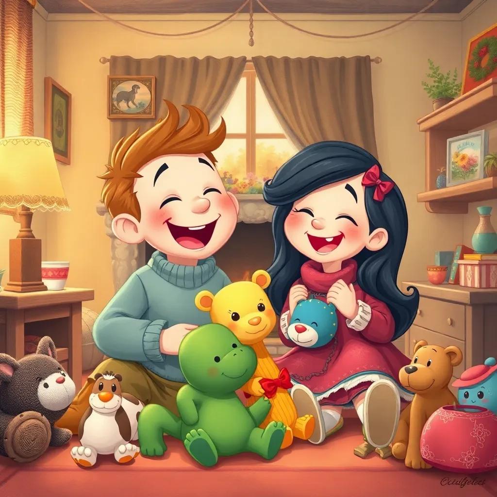 Max and Mimi laughing together with their toys, a cozy room filled with warmth and happiness, both looking playful and happy, illustration, cheerful and heartwarming, high quality