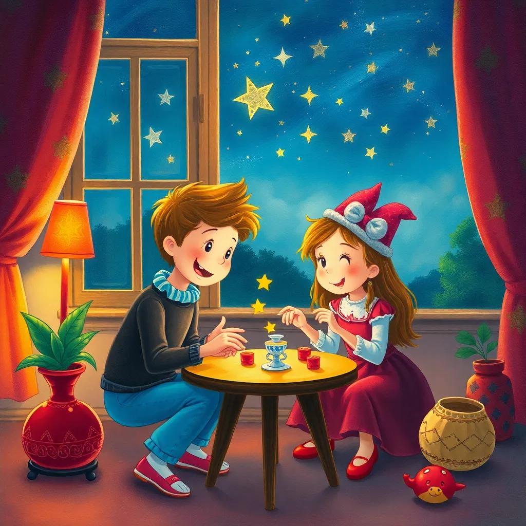 Max and Mimi playing their games in the evening with stars shining outside the window, creating an atmosphere of friendship and fun, joyful illustration, bright colors, high quality
