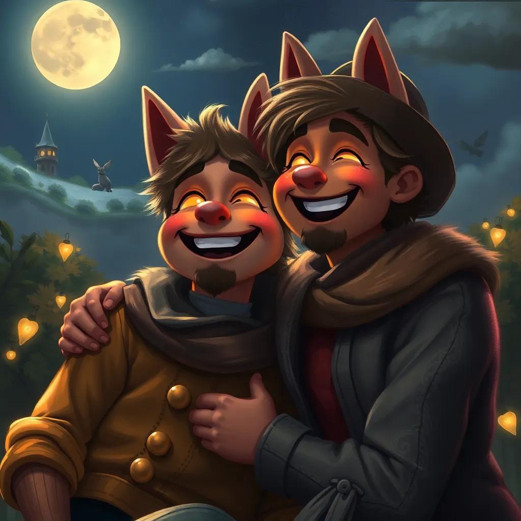 Max and Mimi enjoying their friendship under the moonlight, fun and laughter reflected in their eyes, capturing the essence of joy and camaraderie, enchanting digital art, warm glowing atmosphere, high quality