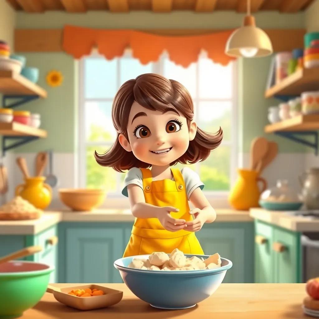 A sunny kitchen with colorful baking materials, a young girl named Lucy, with brown hair wearing a yellow apron, happily mixing dough in a big bowl, digital art, vibrant colors, cheerful atmosphere, high quality
