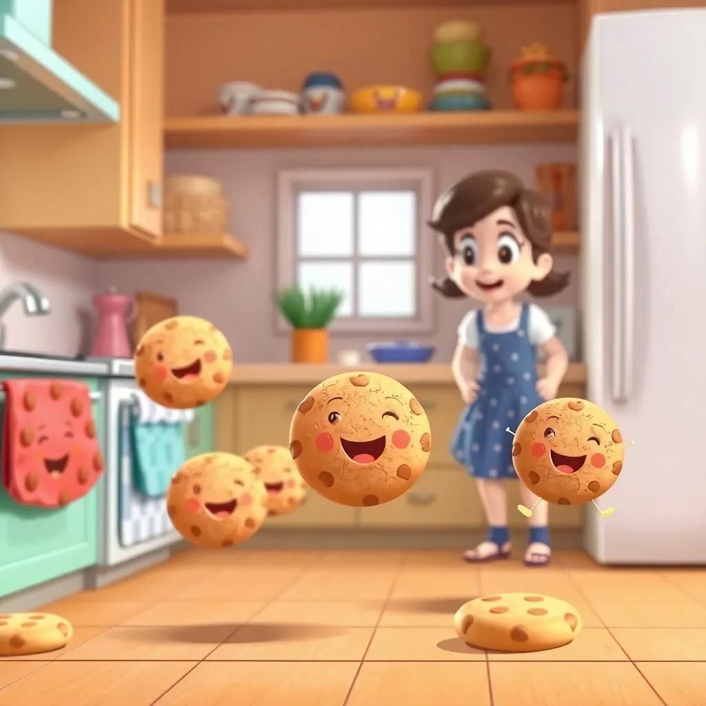 Tiny, lively cookies with smiling faces jumping around a kitchen, bright colors and a playful mood, Lucy watching with surprise, digital illustration, cartoon style, whimsical feel, high quality