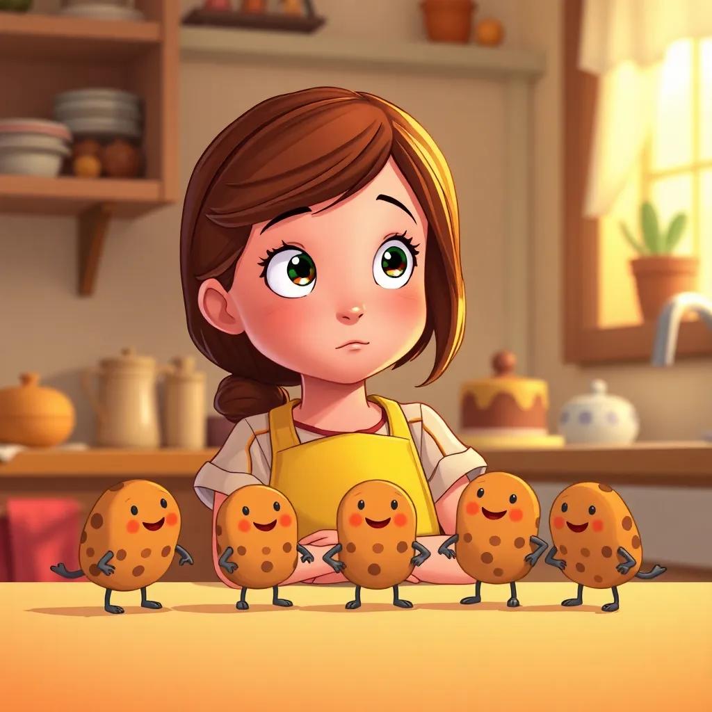 Lucy, the young girl with brown hair in a yellow apron, looking thoughtfully at her tiny cookie friends, who are getting together to make a plan, cozy kitchen background, illustration, warm light, friendly vibe
