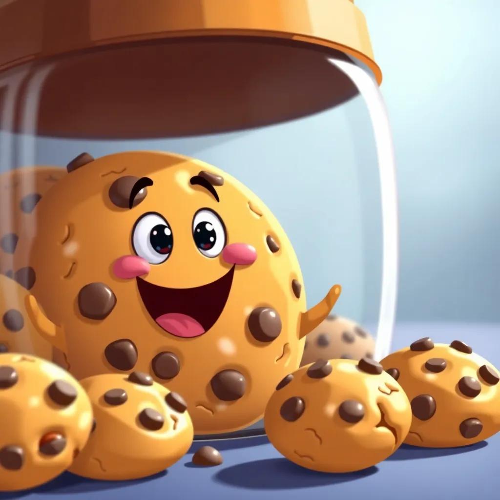 A brave chocolate chip cookie, smiling and suggesting to hide in a cookie jar, with other cookies excitedly gathering around, bright and humorous scene, illustration, colorful, child-friendly style