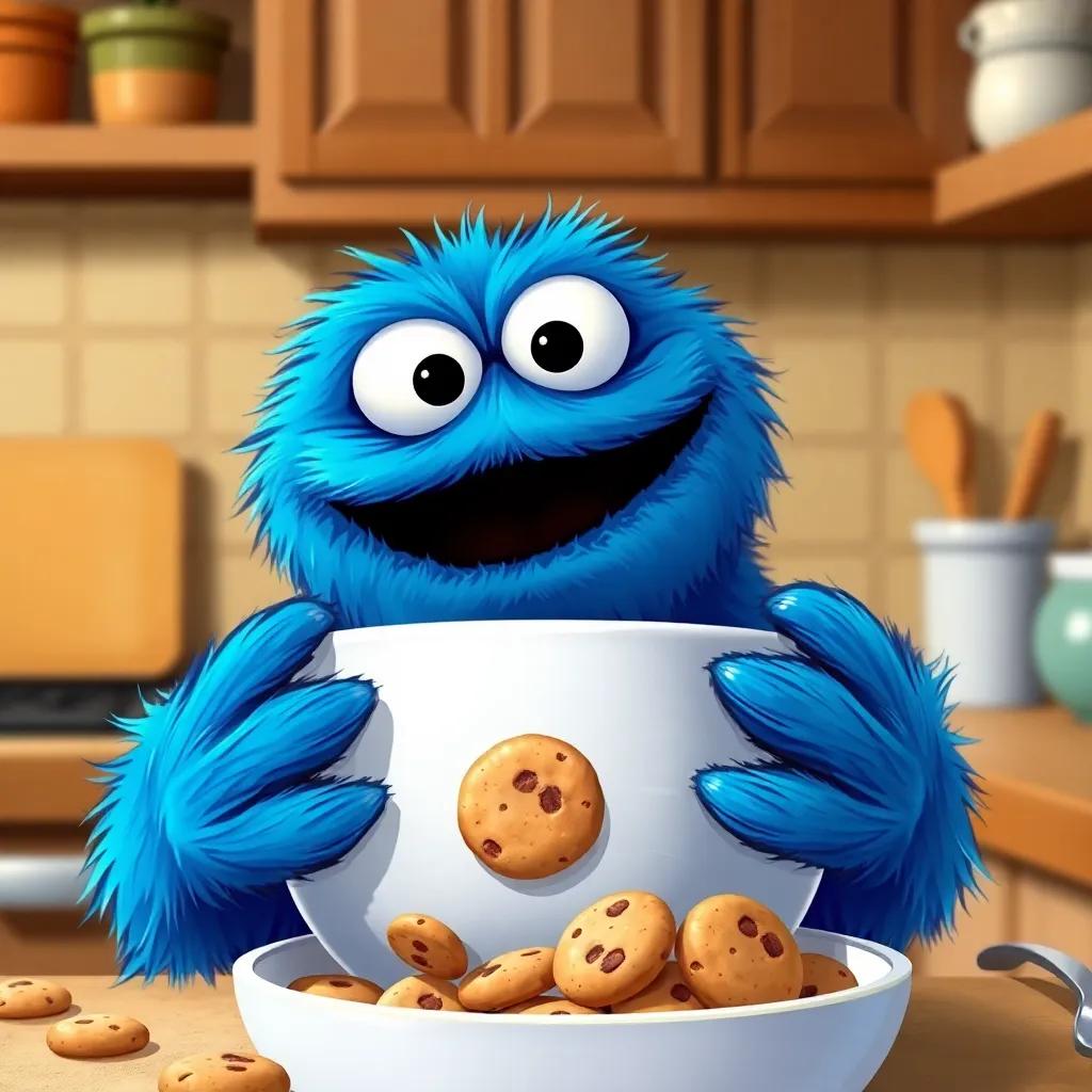 The cookie monster peering into a big mixing bowl, looking confused and hungry, with wide eyes showing curiosity, kitchen to be filled with cookies, charming cartoon style, vibrant colors, high detail