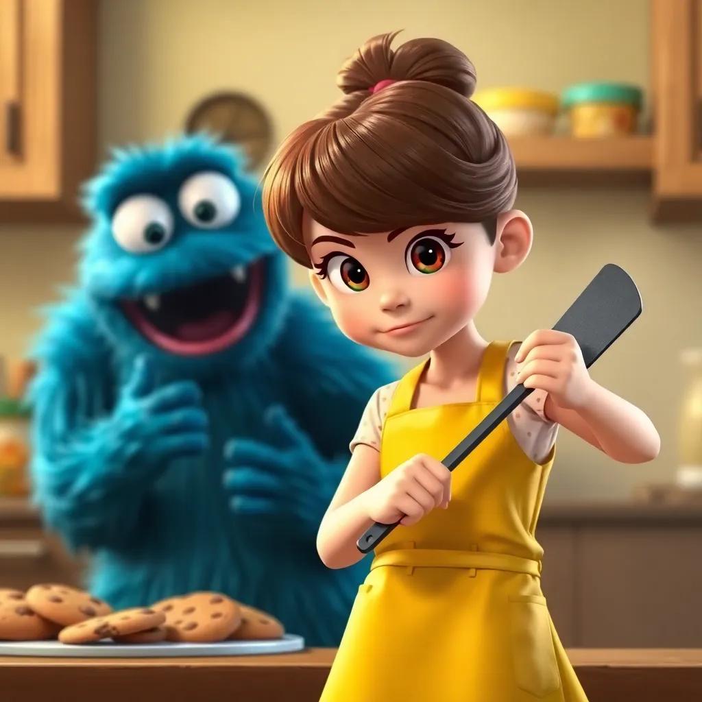 Lucy, the girl with brown hair in a yellow apron, holding a spatula bravely in front of the cookie monster, looks determined, kitchen background, playful conflict scene, digital art, warm colors, engaging