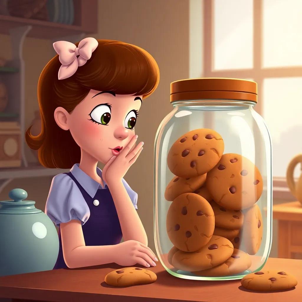 Lucy whispering to the cookies inside the jar, with the cookies looking excited and ready for action, cozy and friendly ambiance, detailed digital art, storytelling, warmth