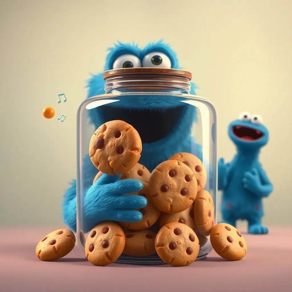 Tiny, joyful cookies tapping on the glass cookie jar, creating rhythmic sounds, cookie monster outside intrigued and puzzled, whimsical atmosphere, vibrant digital painting, engaging style