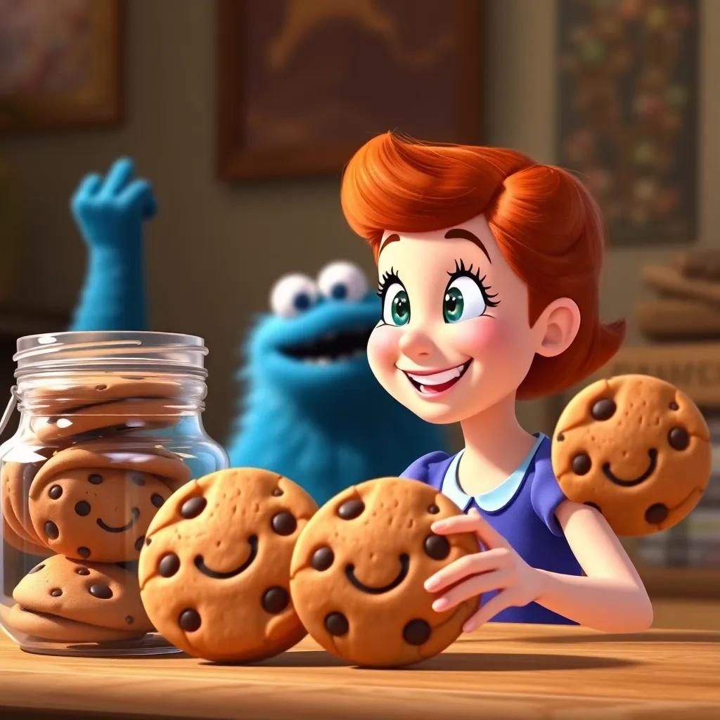 Lucy smiling at her clever cookie friends, who are safe in the jar, with cookie monster looking amazed in the background, cheerful and heartwarming scene, bright colors, digital art, high quality