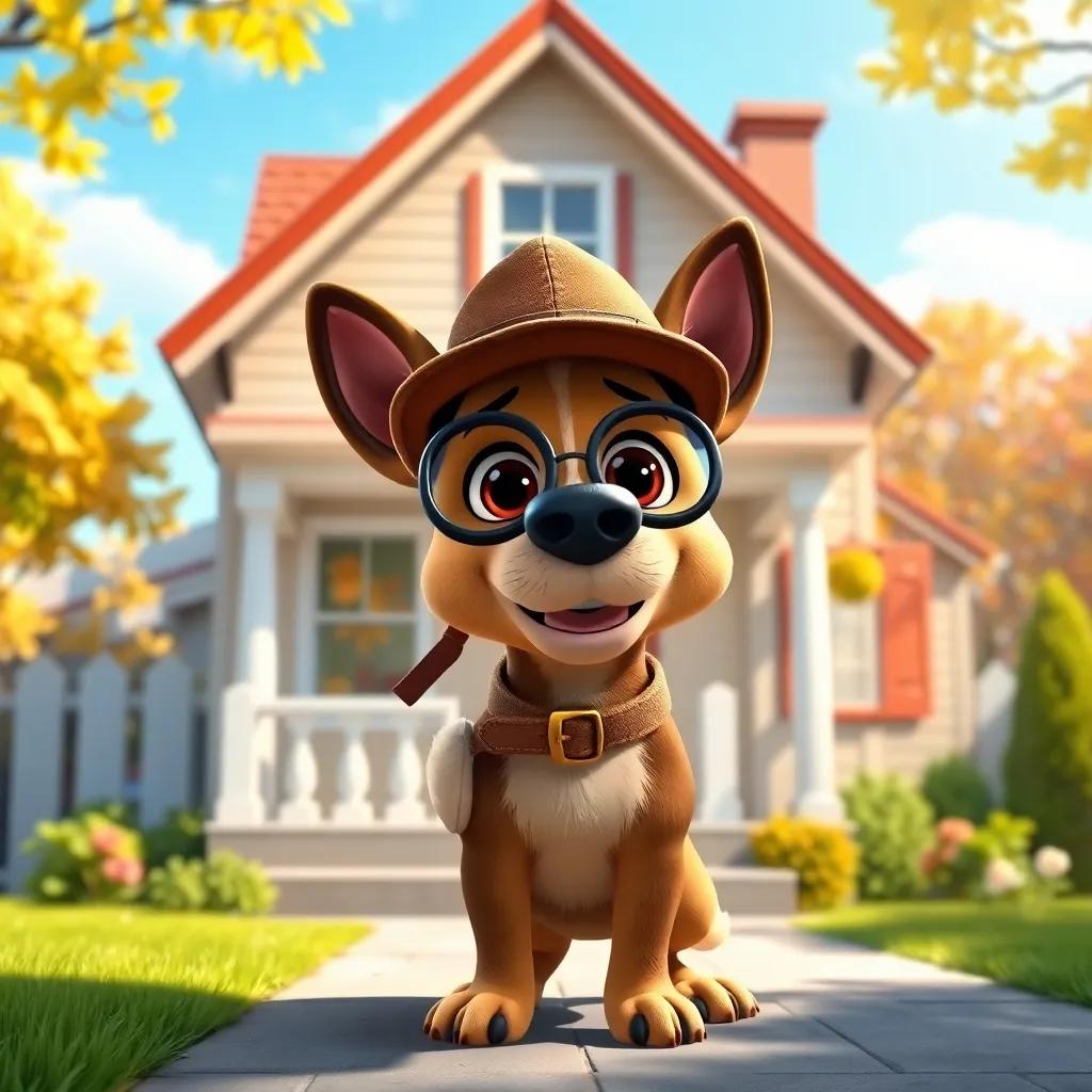 A clever detective dog, Max, wearing a detective hat and holding a magnifying glass, standing outside a cute neighborhood house, bright sunny day, colorful trees, cheerful atmosphere, digital art, whimsical style, high quality