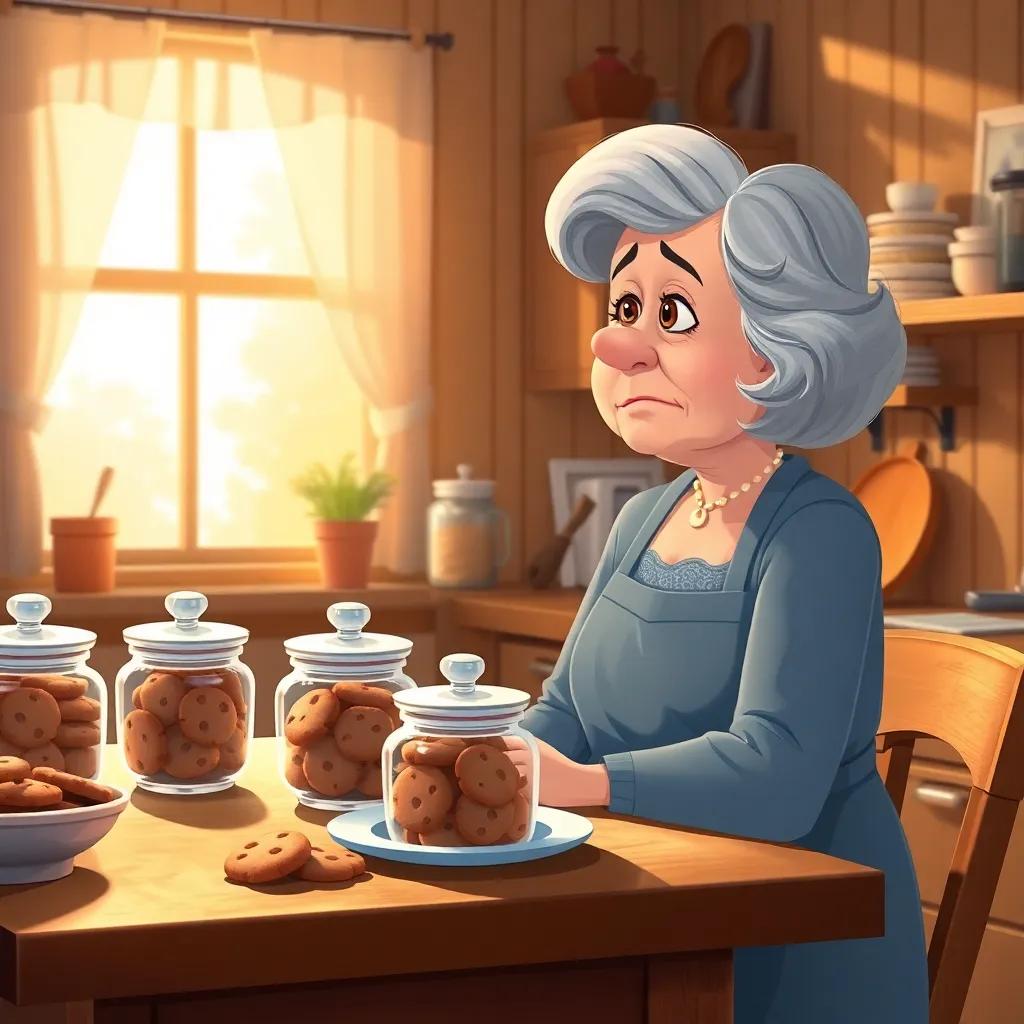 A cozy kitchen with Mrs. Baker, an older woman with gray hair, looking sad while missing her cookies with cookie jars on the table, warm sunlight through the window, detailed illustration, inviting and friendly, high quality