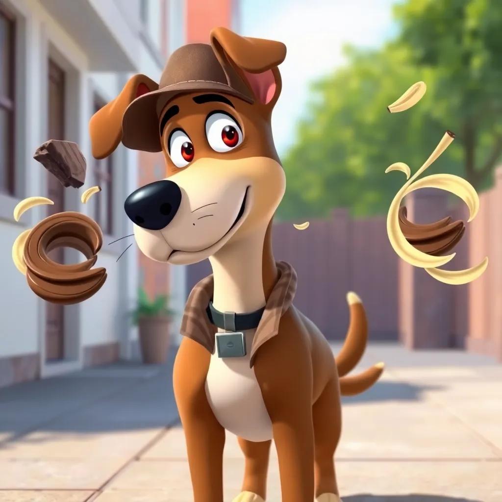 Detective Dog Max, sniffing the air with determination, standing outside with a light breeze, chocolate and vanilla scents visible as swirls in the air, cartoonish style, bright colors, cheerful perspective, high quality