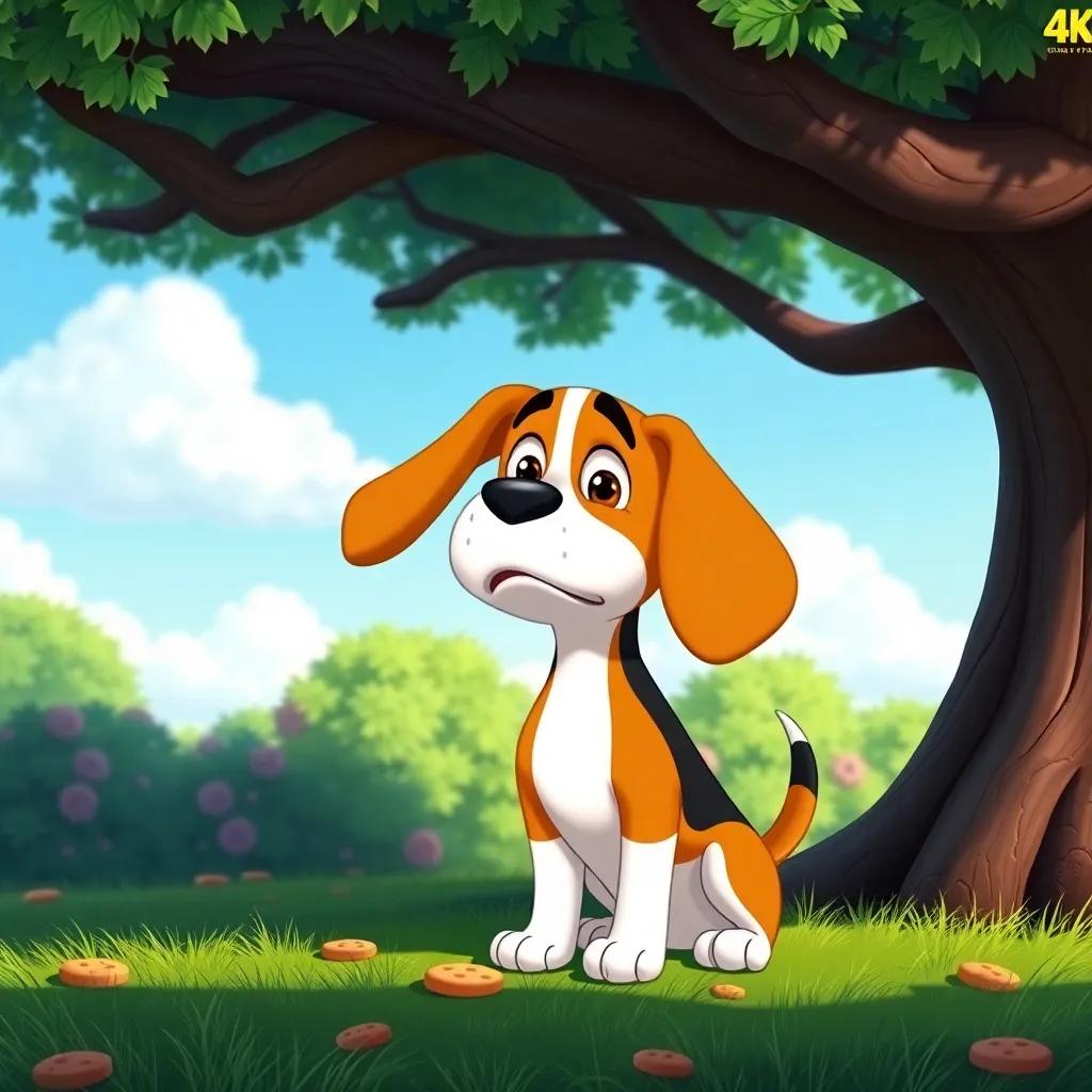 Benny the Beagle, with big floppy ears and a worried expression, under a big tree with a few cookie crumbs around, vibrant greenery and a clear blue sky, humorous and colorful, digital art, high quality