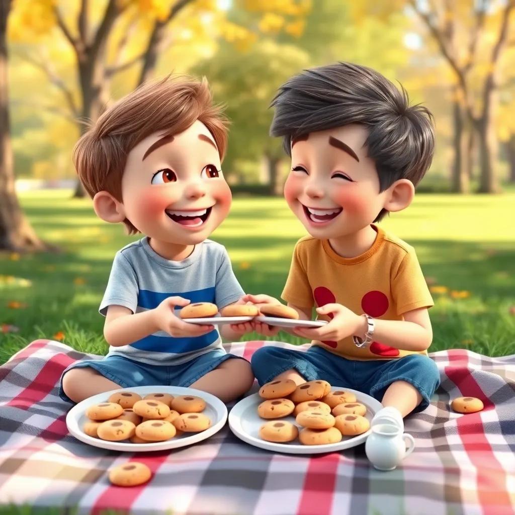Max and Benny happily sharing cookies, sitting on a picnic blanket with plates full of cookies in a sunny park, laughter and smiles all around, peaceful afternoon, bright and inviting colors, high quality