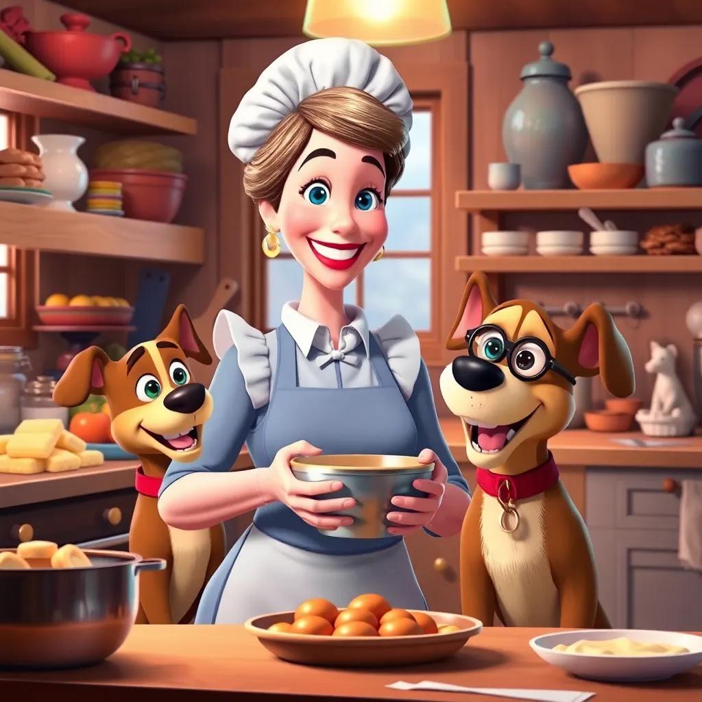 Mrs. Baker smiling, holding a mixing bowl, with Detective Dog Max and Benny beside her, playful scene in a cozy kitchen filled with baking ingredients, cheerful colors, inviting atmosphere, high quality