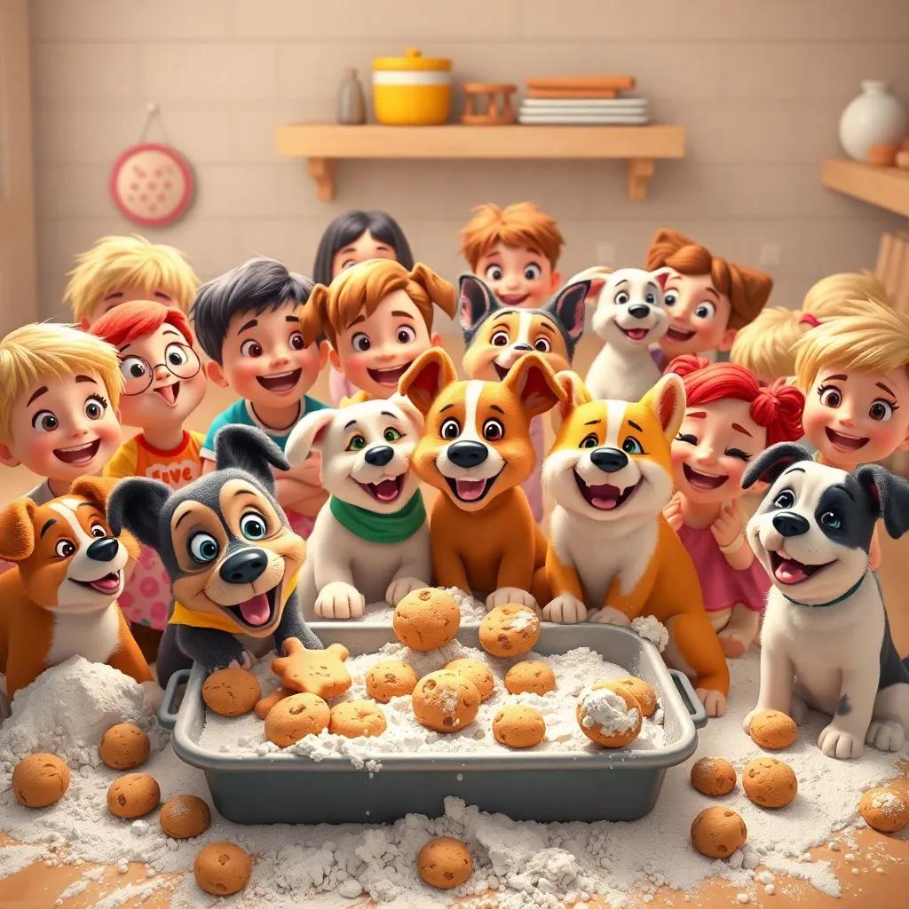 A large group of children and dogs happily baking cookies together, bright colors, joyful expressions, surrounded by flour and cookie dough, fun and engaging scenery, high quality
