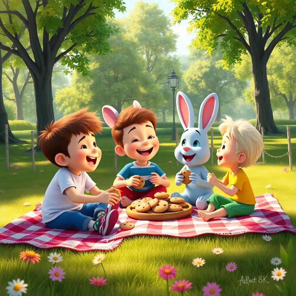 Max, Benny, and friends sitting happily on a picnic blanket sharing cookies, trees and flowers in the park surrounding them, laughter in the air, warm and sunny, heartwarming atmosphere, high quality