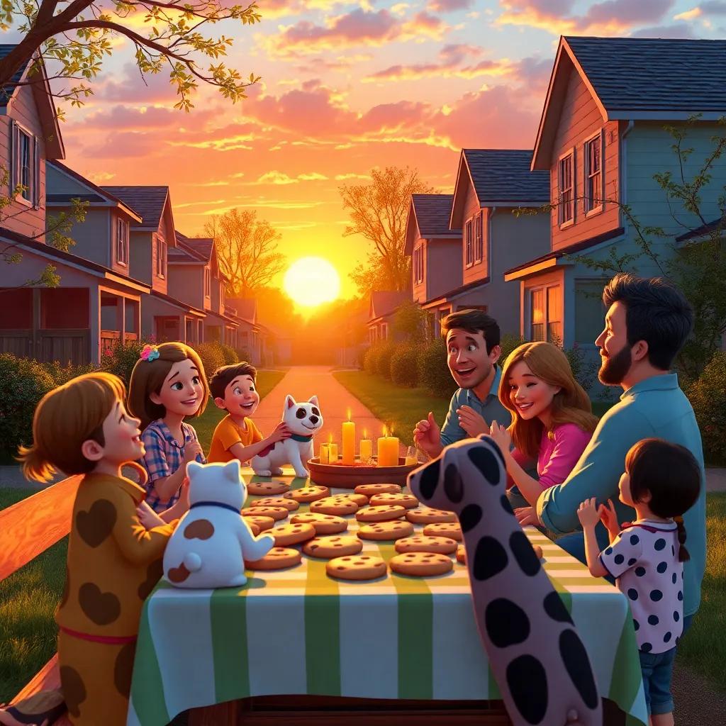 A warm sunset in the neighborhood with families and pets celebrating around a picnic table filled with cookies, laughter and joy in the air, colorful and happy community vibe, high quality